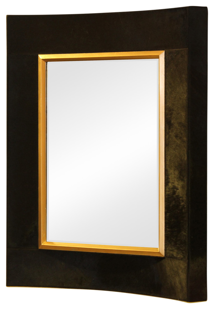 Elegant Black Hair Hide Wall Mirror 36" Vanity Leather Gold Wood Shaggy Curved Contemporary