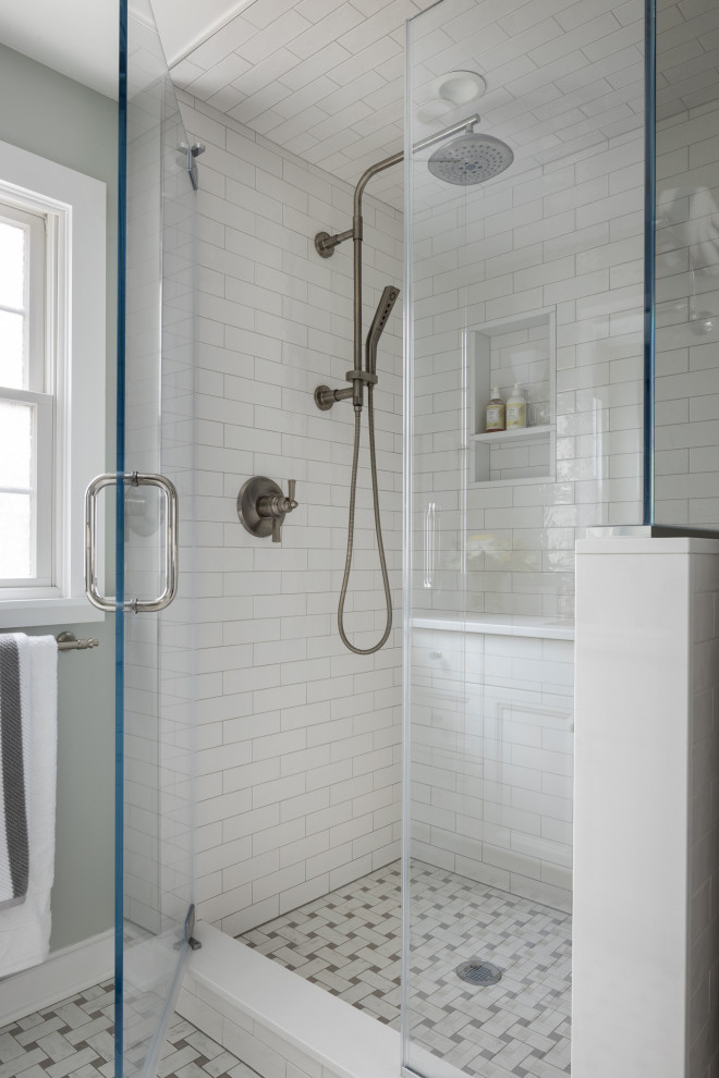Bathroom - mid-sized traditional master white tile and subway tile porcelain tile, white floor and double-sink bathroom idea in New York with recessed-panel cabinets, white cabinets, a bidet, green walls, an undermount sink, quartz countertops, white countertops, a niche and a built-in vanity