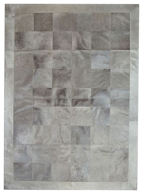 Patchwork Leather Cubed Cowhide Rug, Light Grey With Border, 200x300 cm