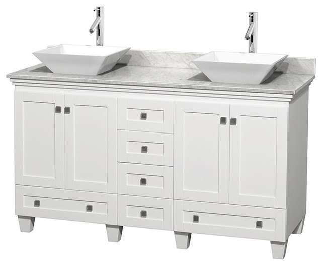 Double Bathroom Vanity White Carrera Marble Countertop Sinks