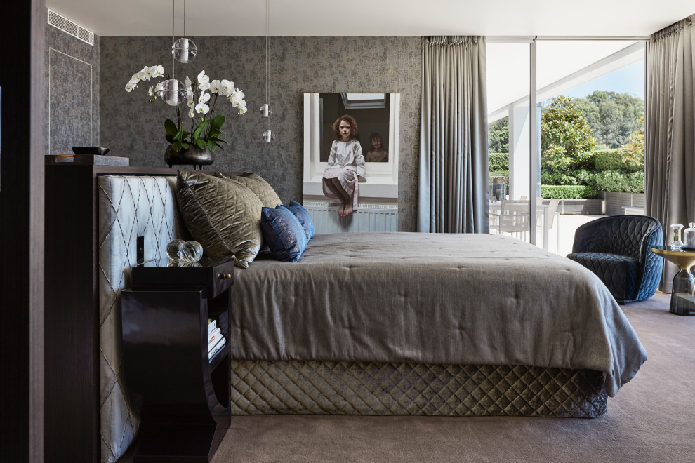Design ideas for a contemporary master bedroom in Sydney with carpet and white floor.