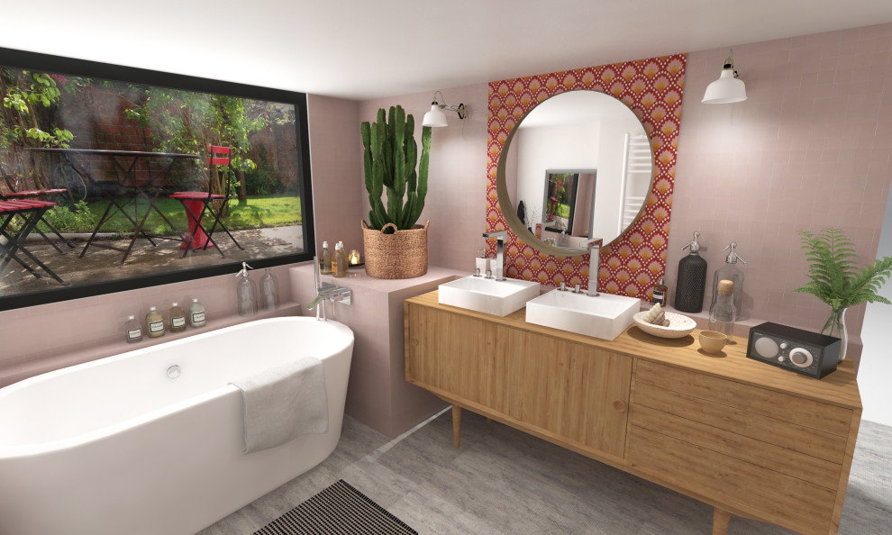 Design ideas for a small master bathroom in Paris with a drop-in tub, a curbless shower, linoleum floors, a vessel sink, wood benchtops, a hinged shower door and a double vanity.