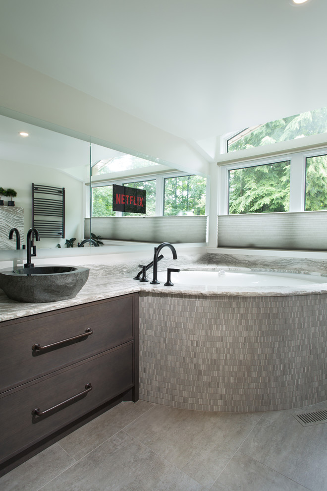 Inspiration for a large modern master bathroom in Other with shaker cabinets, grey cabinets, an undermount tub, an open shower, a one-piece toilet, white tile, white walls, a vessel sink, engineered quartz benchtops, grey floor and an open shower.