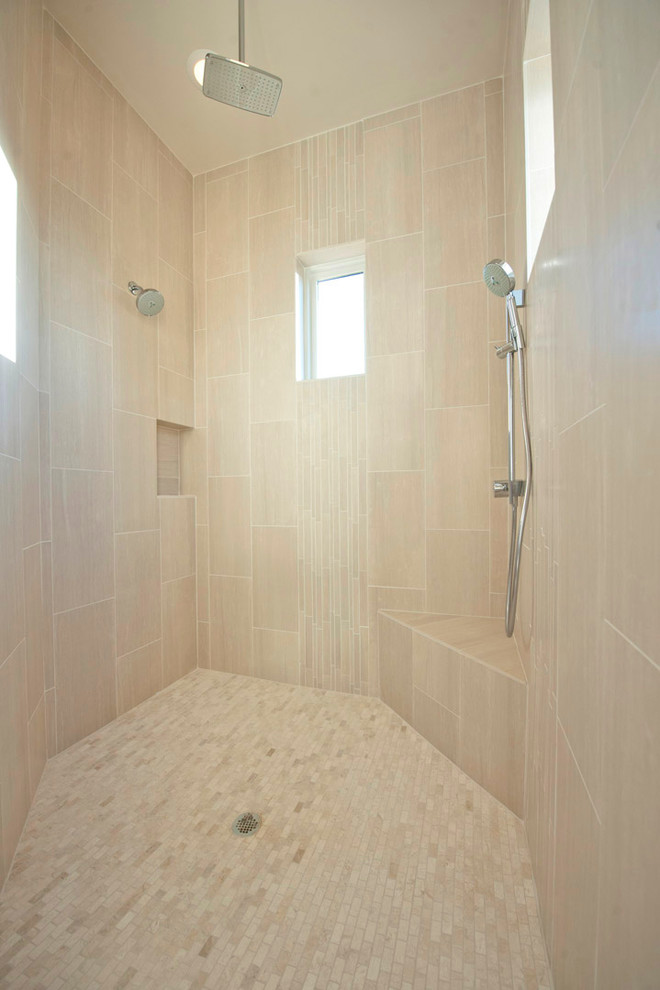 This is an example of a large contemporary master bathroom in Austin with an integrated sink, flat-panel cabinets, medium wood cabinets, a freestanding tub, an open shower, beige walls, beige tile, quartzite benchtops, beige floor, an open shower, a two-piece toilet, marble, marble floors and white benchtops.