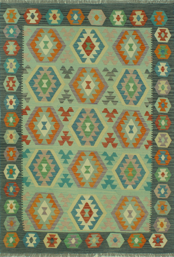 Sangat Kilim Carly Light Green/Charcoal Rug, 5'7x7'11 Southwestern