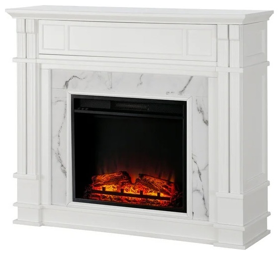 Freestanding Electric Fireplace TV Console with Faux Carrara Marble Finish Transitional