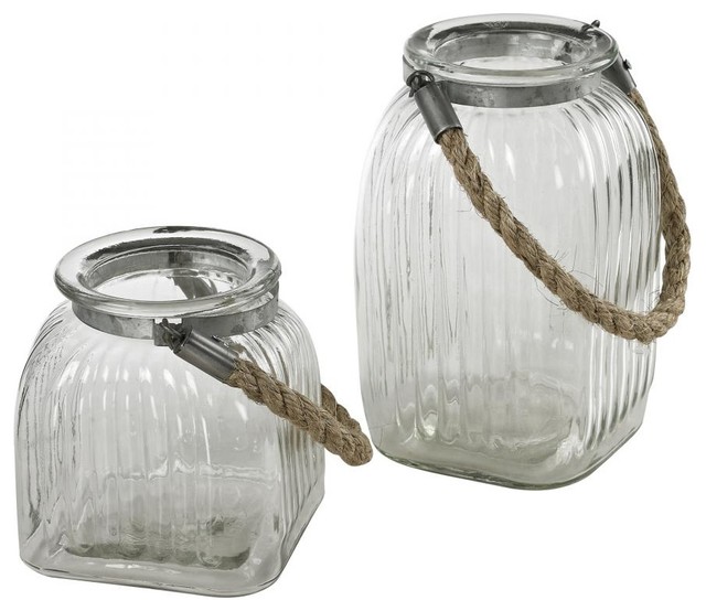 Set Of 2 Glass Jars With Rope Handles Beach Style Candleholders