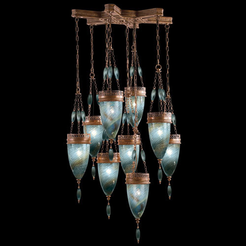 Scheherazade Nine-Light Pendant in Aged Dark Bronze Finish with Hand Blown Glass