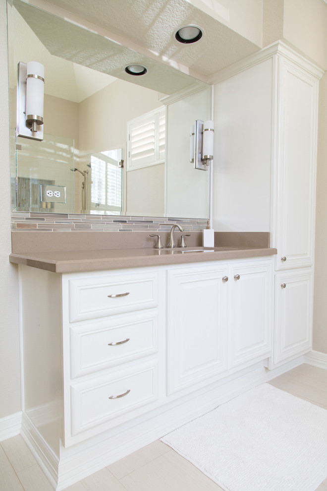 Bathroom - mid-sized transitional master beige tile and glass sheet bathroom idea in Houston