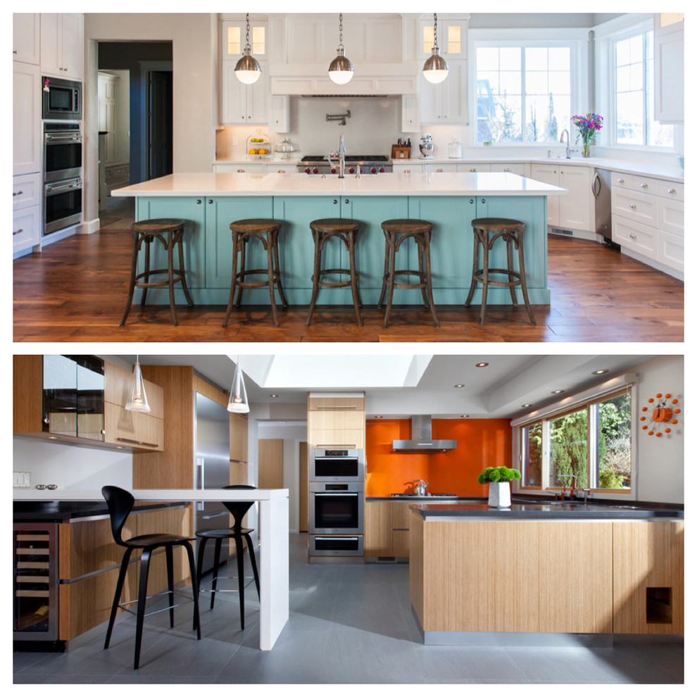 Aqua Blue Plank Kitchen Island with Three Pendants - Transitional