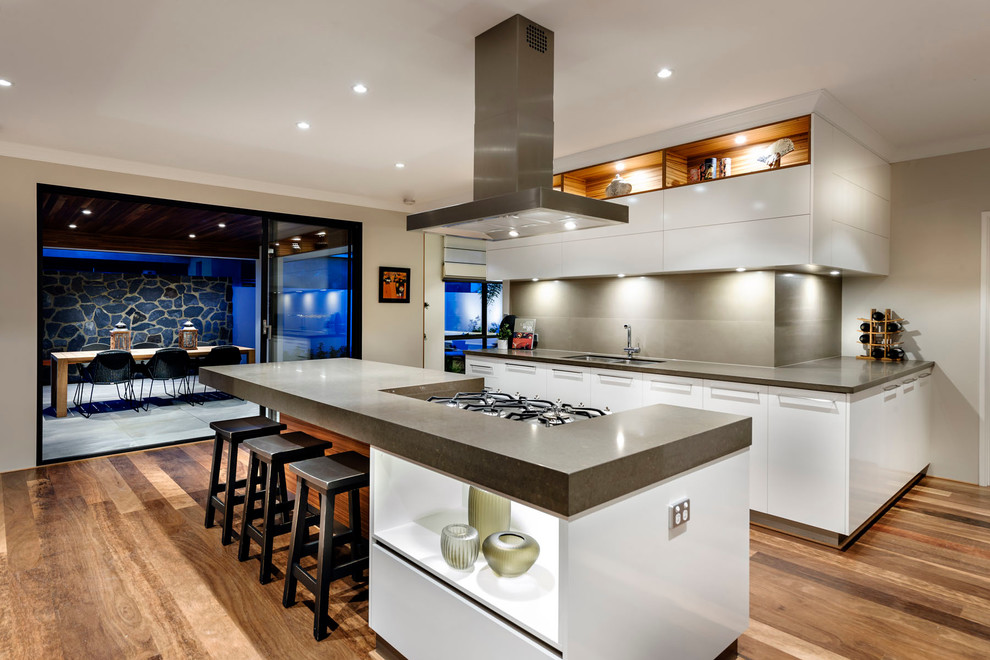 Design ideas for a large asian open plan kitchen in Perth with an undermount sink, flat-panel cabinets, white cabinets, grey splashback and with island.