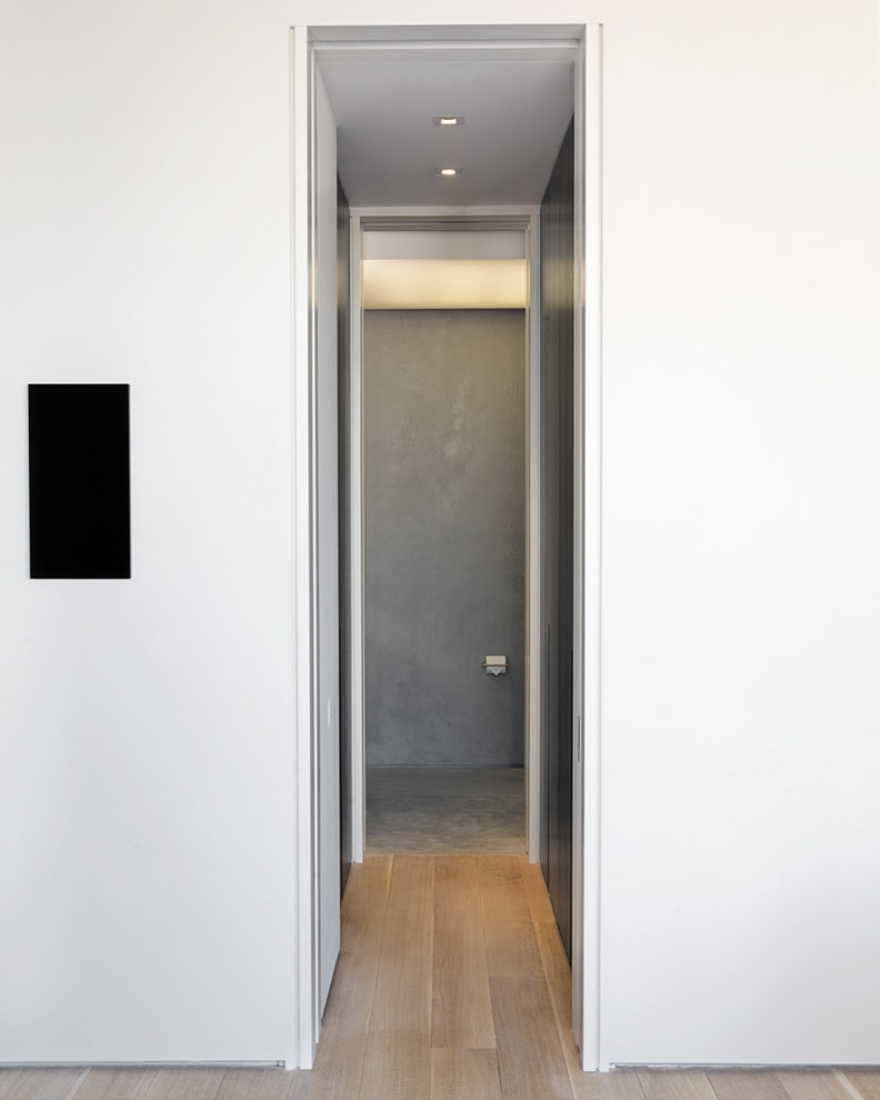 This is an example of a contemporary hallway in New York with white walls and medium hardwood floors.