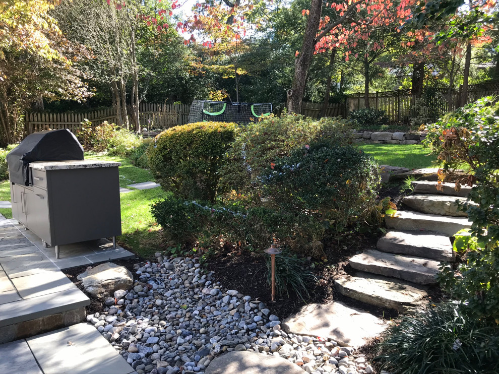 Design ideas for a large back garden in DC Metro with a rockery and natural stone paving.