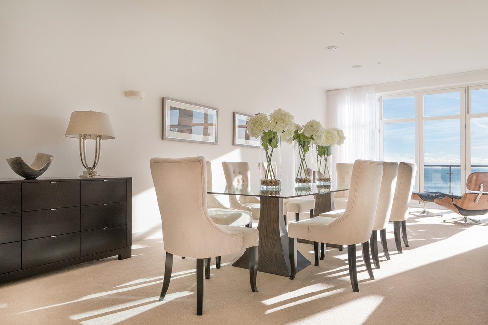 Design ideas for a large contemporary open plan dining in Devon with white walls and carpet.