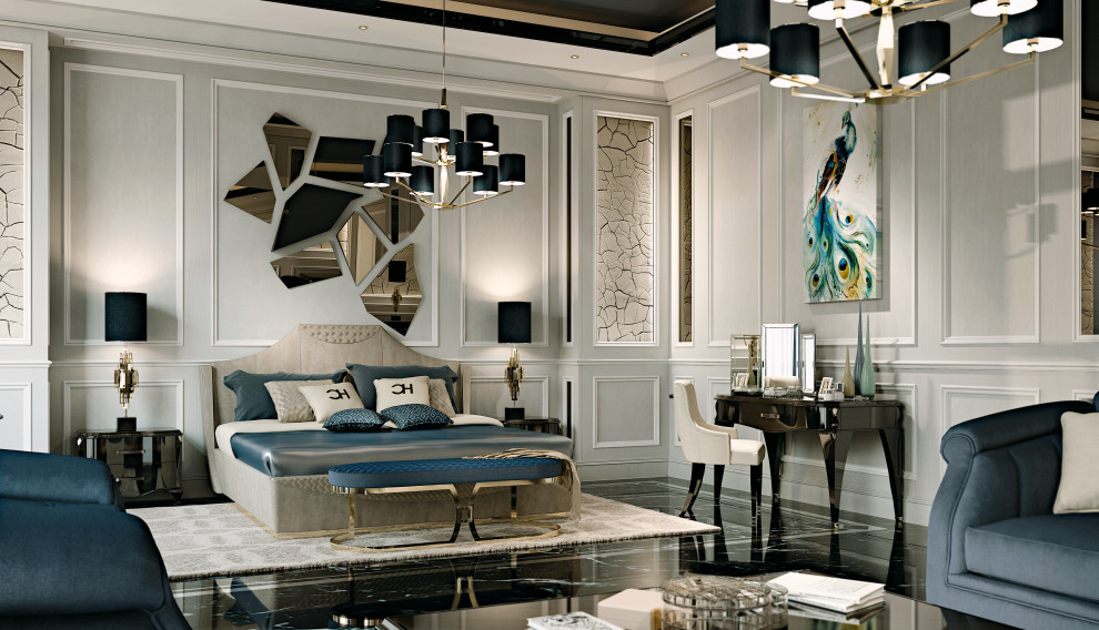 Modelo de dormitorio clásico grande con paredes beige, suelo de mármol, suelo negro, madera y boiserie