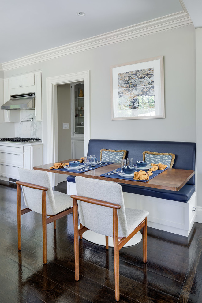 Dining room - traditional dark wood floor dining room idea in Boston with gray walls