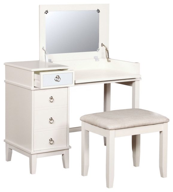 Wooden Vanity Set With Flip Top Mirror And Stool, White - Transitional 