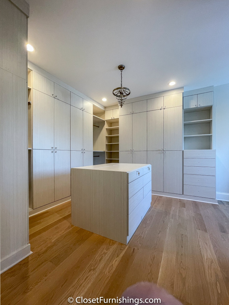 Inspiration for a large modern gender-neutral walk-in wardrobe in Chicago with flat-panel cabinets and light wood cabinets.