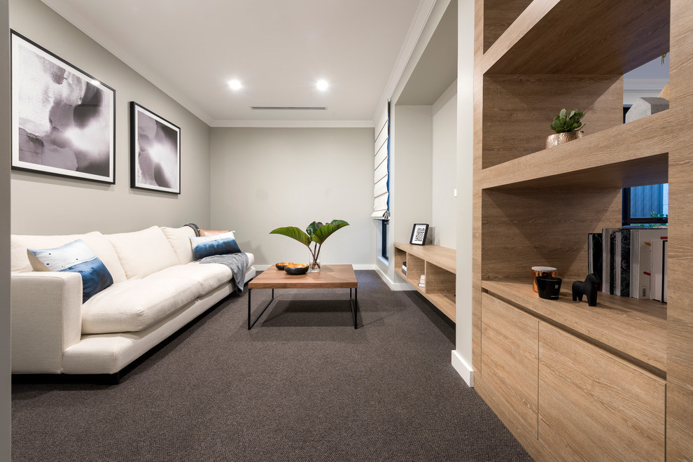 Photo of a contemporary living room in Perth with carpet, grey walls and no fireplace.