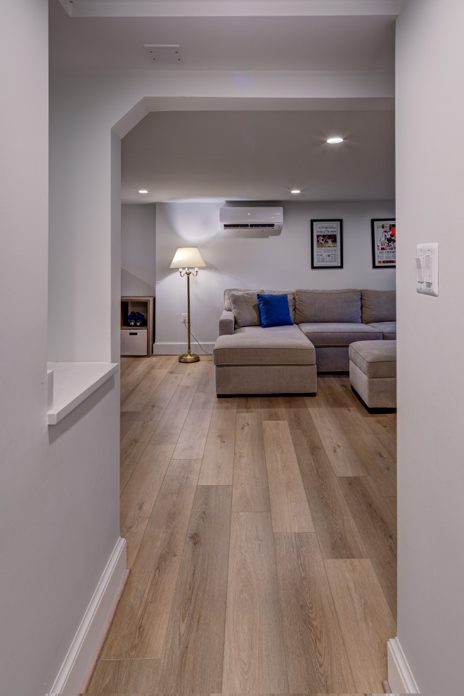 Huge transitional look-out light wood floor and beige floor basement photo in DC Metro with a home theater and gray walls