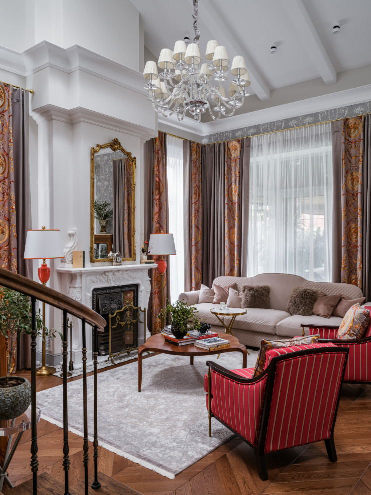 Large traditional formal living room in Moscow with grey walls, dark hardwood flooring, a standard fireplace, a stone fireplace surround, a freestanding tv, brown floors, exposed beams and wallpapered walls.