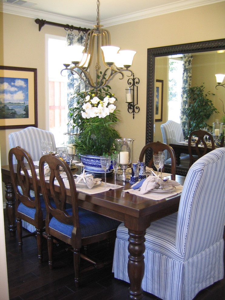 Design ideas for a mid-sized traditional separate dining room in San Diego with beige walls, dark hardwood floors and no fireplace.