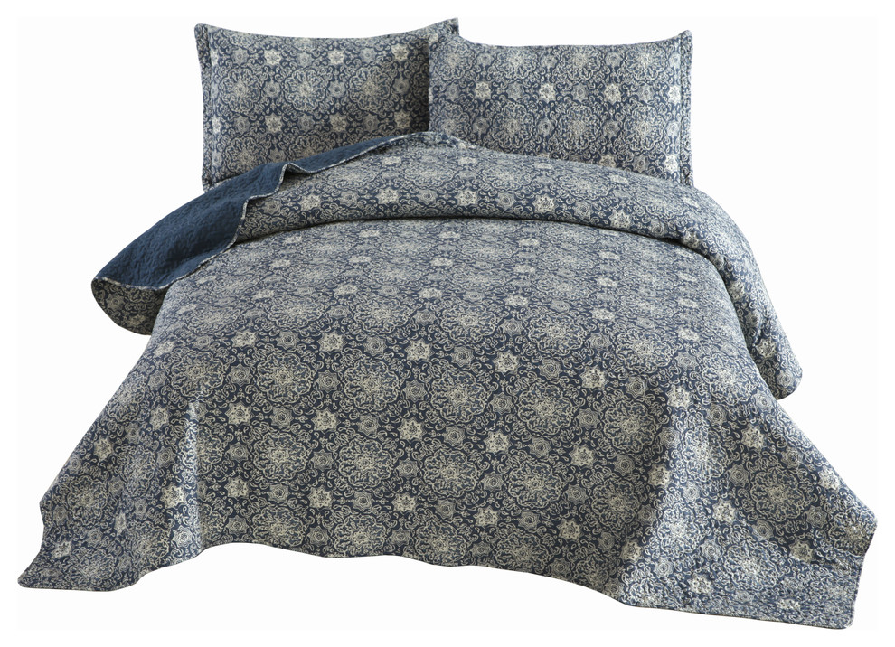 Blue Lapis Quilted Coverlet Bedspread Set Navy Floral Star Print