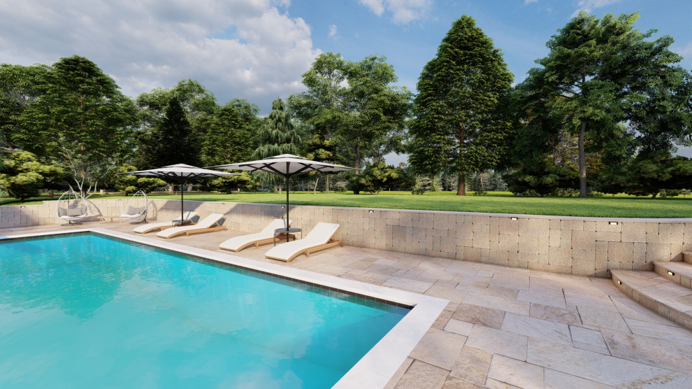 Inspiration for a mid-sized modern backyard rectangular pool in DC Metro with with a pool and brick pavers.