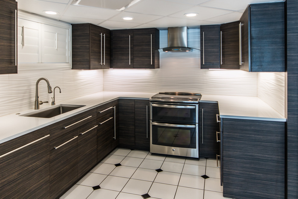 This is an example of a mid-sized contemporary u-shaped eat-in kitchen in Other with an undermount sink, flat-panel cabinets, dark wood cabinets, quartz benchtops, white splashback, porcelain splashback, stainless steel appliances, ceramic floors and no island.