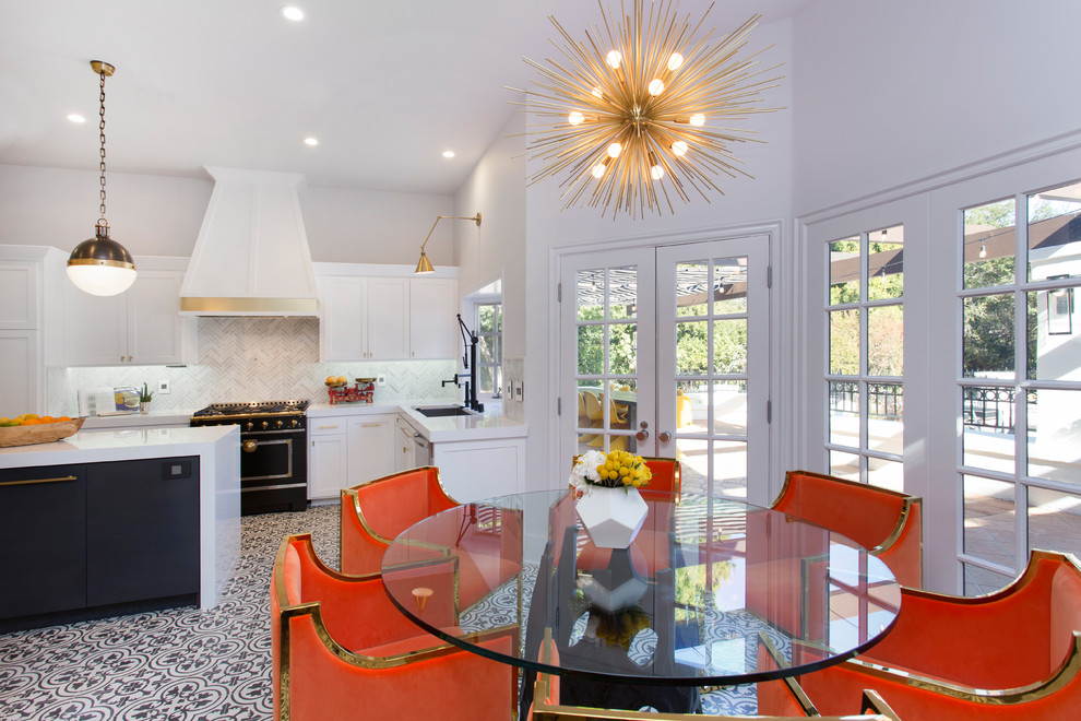 Inspiration for a mid-sized eclectic kitchen/dining combo in Los Angeles with white walls and ceramic floors.