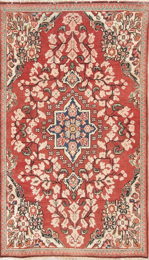 Consigned,Traditional Handmade Vintage Persian Style Oriental Rug, Red