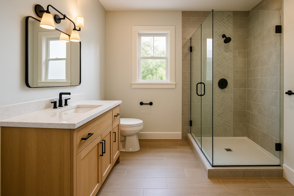 Modern Light-Wood Bathroom Remodel – Walk-In Shower Upgrade
