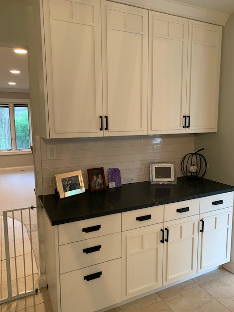Kitchen - transitional kitchen idea in Chicago with quartz countertops and an island
