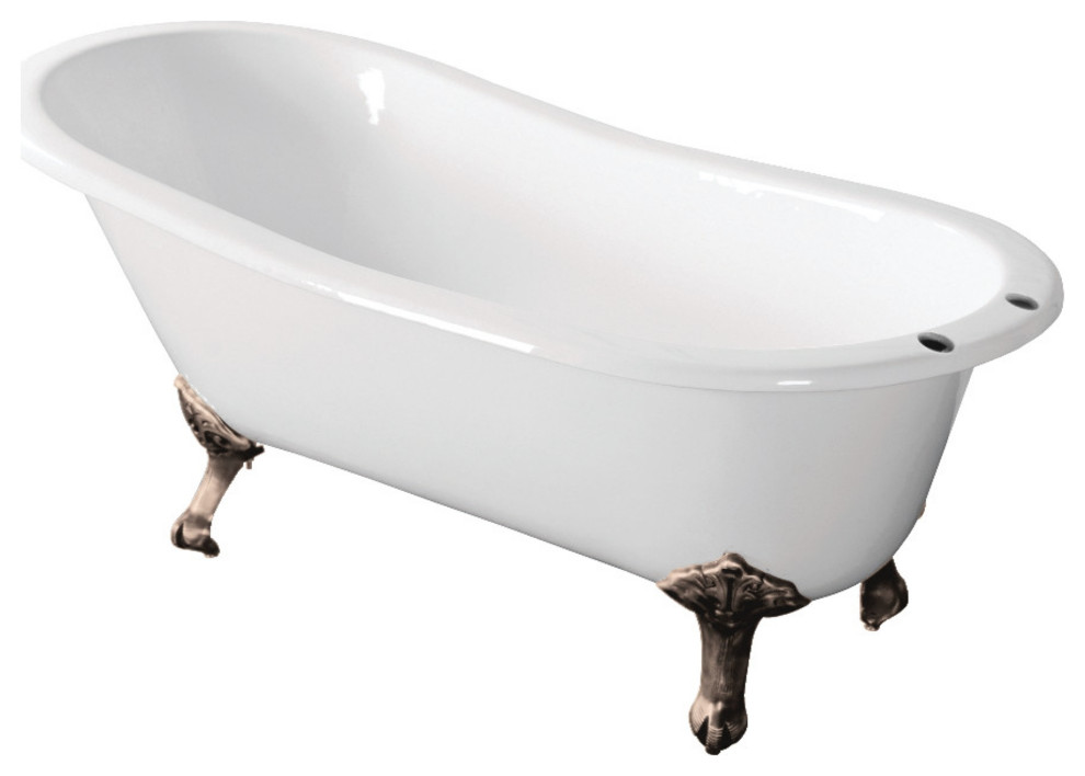67" Single Slipper Clawfoot Tub with 7" Faucet Drillings, White/Brushed Nickel