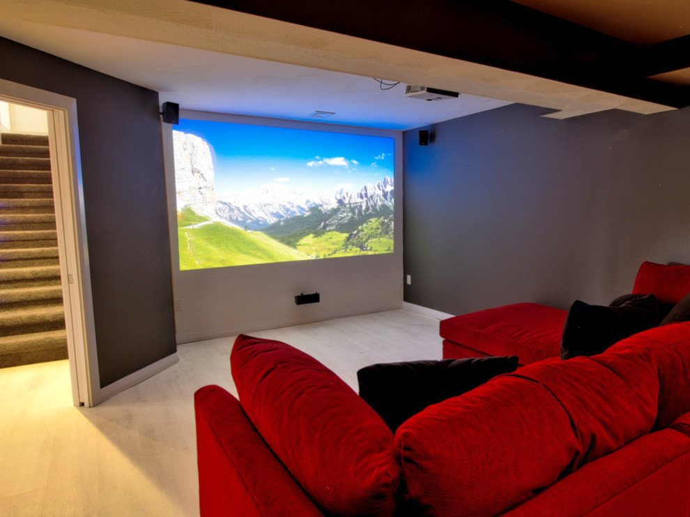 Inspiration for a contemporary home theatre in San Diego with grey walls, vinyl floors and white floor.