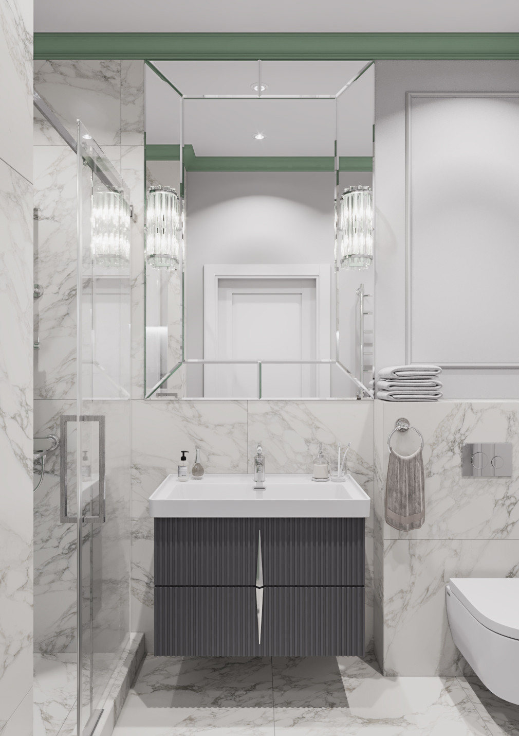 Дизайн интерьера в неоклассике с зелеными акцентами