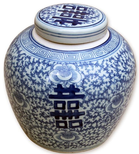 White Kitchen Jars blue and white porcelain double happiness cover jar lotus motif White Kitchen Jars blue and white porcelain double happiness cover jar lotus motif