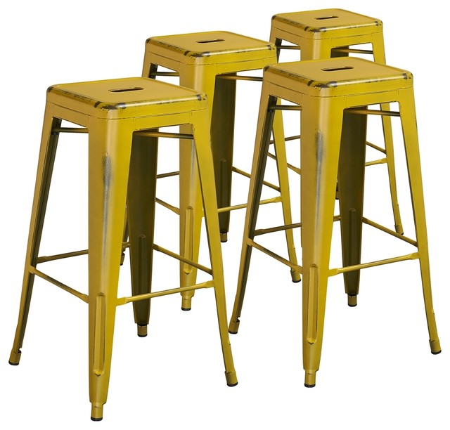 30" Backless Distressed Metal Indoor Barstool, Yellow, Set of 4