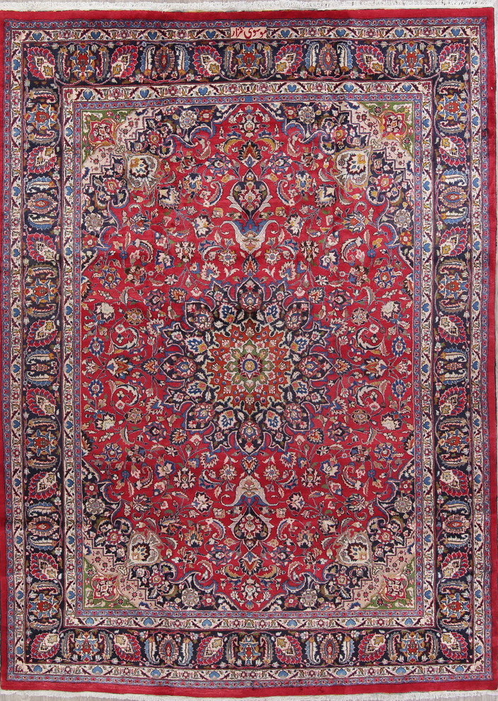 Consigned, Vintage Floral Hand Made Persian Worn Oriental Rug, Red, 13