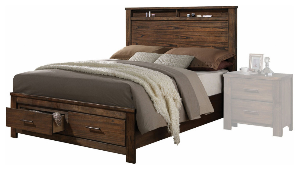 HomeRoots Oak Finish Queen Bed With Storage Headboard and Footboard
