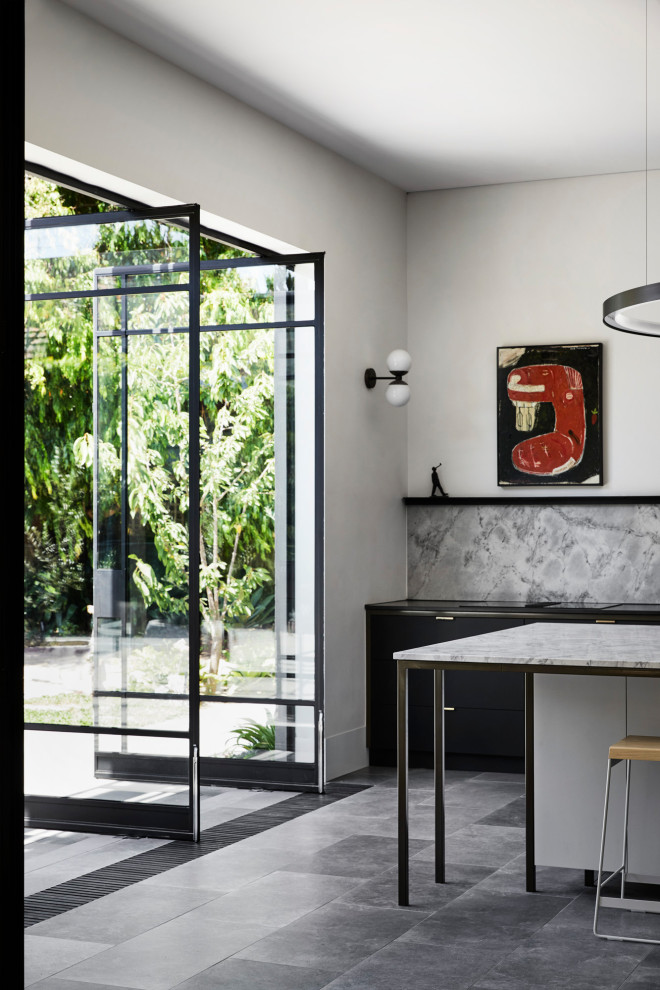 Inspiration for a contemporary kitchen in Melbourne with a double-bowl sink, green cabinets, grey splashback, marble splashback, with island, grey floor and grey benchtop.