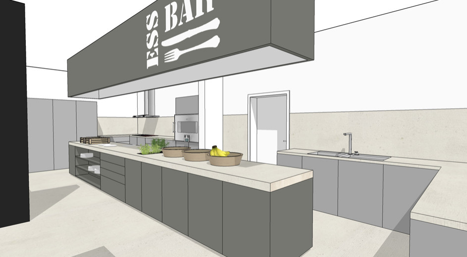 Bobst Kantine Mitarbeiterbereich Mittagspause Office Büro Planung Umplanung Modernisierung Interior Design NRW Krefeld Meerbusch Architektur Innenarchitektur Gestaltung 3D Akustik Küche Mensa