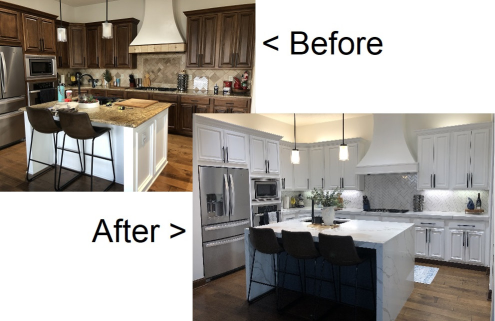 Idéer för att renovera ett stort funkis vit vitt kök, med en dubbel diskho, luckor med profilerade fronter, vita skåp, bänkskiva i kvarts, vitt stänkskydd, stänkskydd i cementkakel, rostfria vitvaror, mellanmörkt trägolv, en köksö och brunt golv