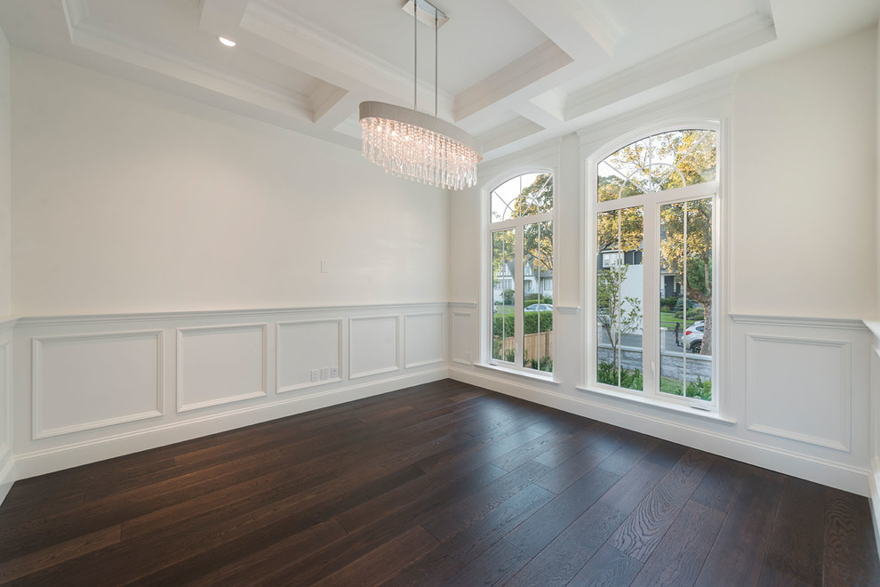 Photo of a large traditional separate dining room in Vancouver with white walls, dark hardwood floors and no fireplace.