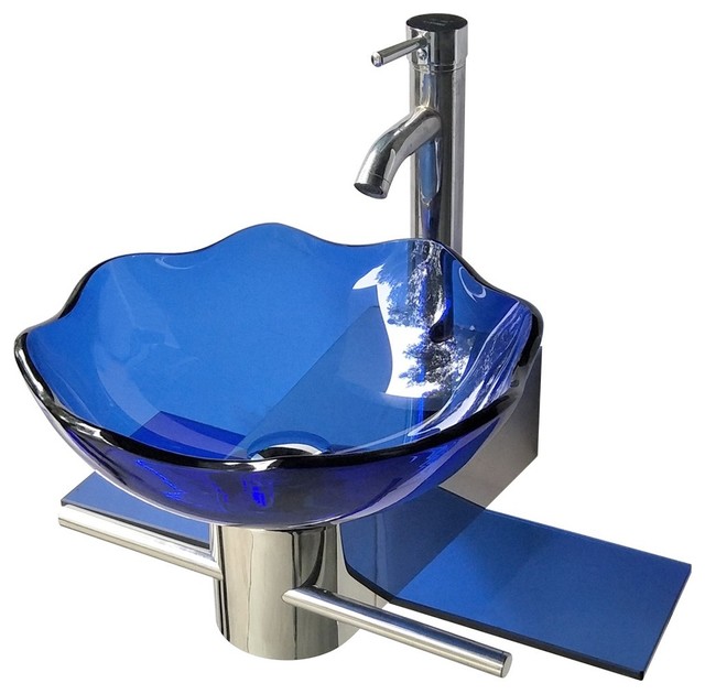 Small Wall Mount Glass Sink Blue Lotus, Small Wall Mounted Bathroom Sinks
