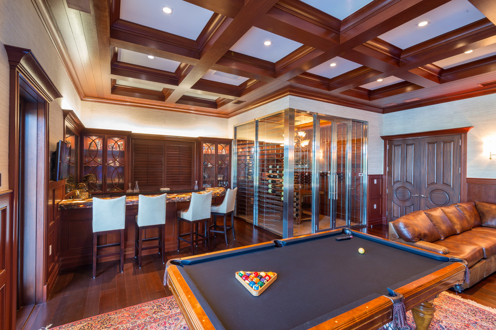 Mid-sized contemporary wine cellar in Miami with medium hardwood floors and storage racks.