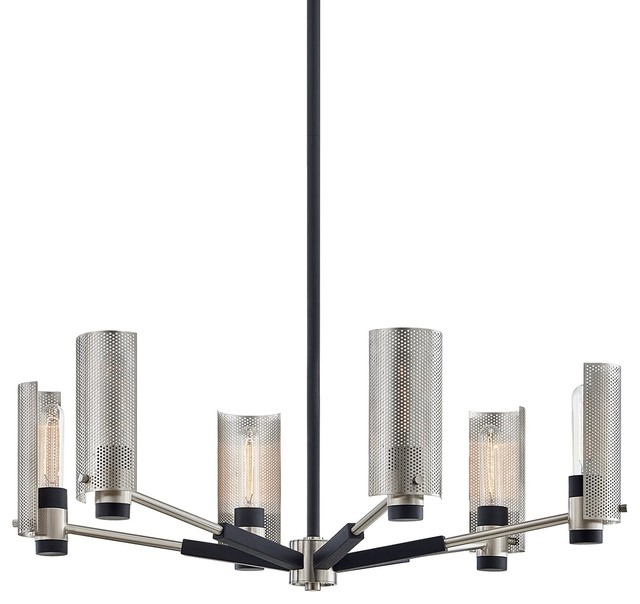 Pilsen 6 Light Chandelier, Carb Black With Satin Nickel Accents, Plated Brass