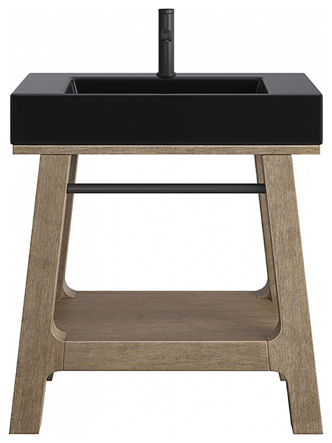 32 Inch Weathered Timber Single Sink Bathroom Vanity Black Stone, James ...