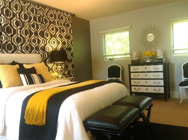 black, white, grey/grey and gold bedroom - contemporary - bedroom