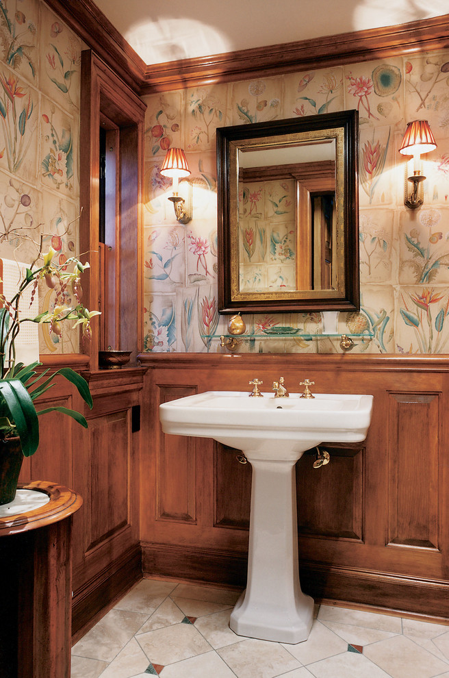 Design ideas for a traditional 3/4 bathroom in New York with a pedestal sink, raised-panel cabinets, dark wood cabinets, beige tile, ceramic tile and travertine floors.